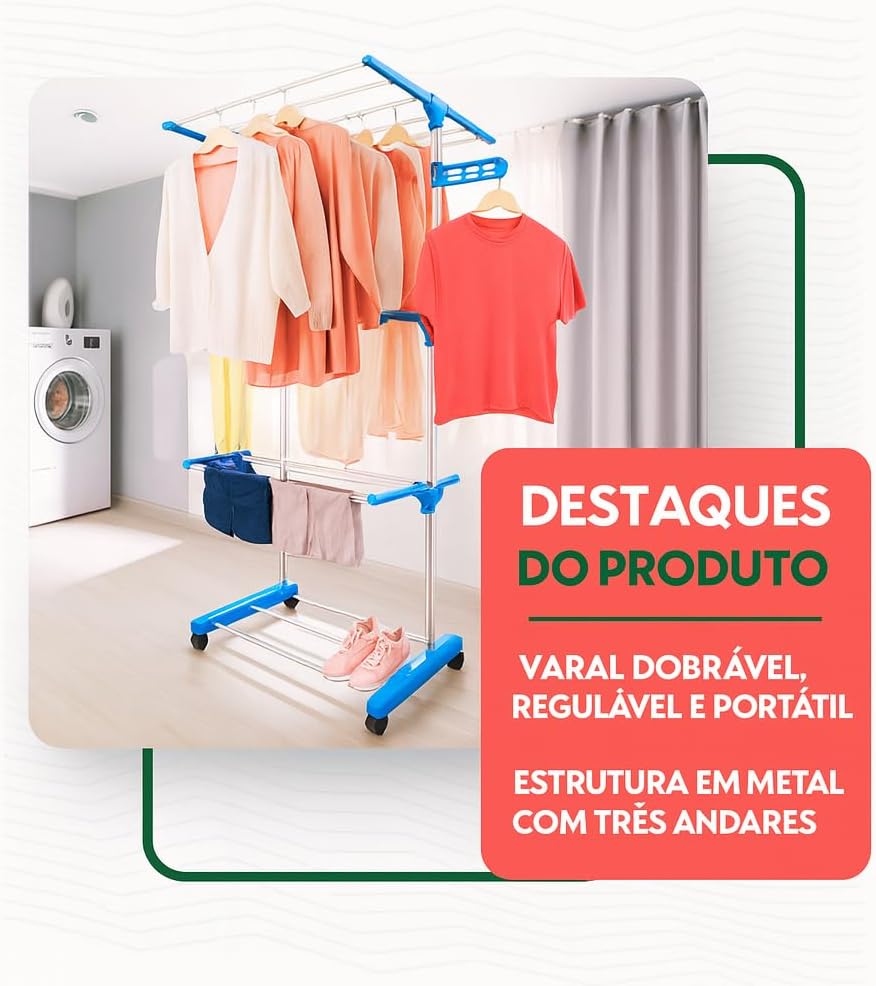 Varal de Chão Regulável Dobrável com 3 Andares e Rodízios – Capacidade Ampliada para Roupas e Toalhas