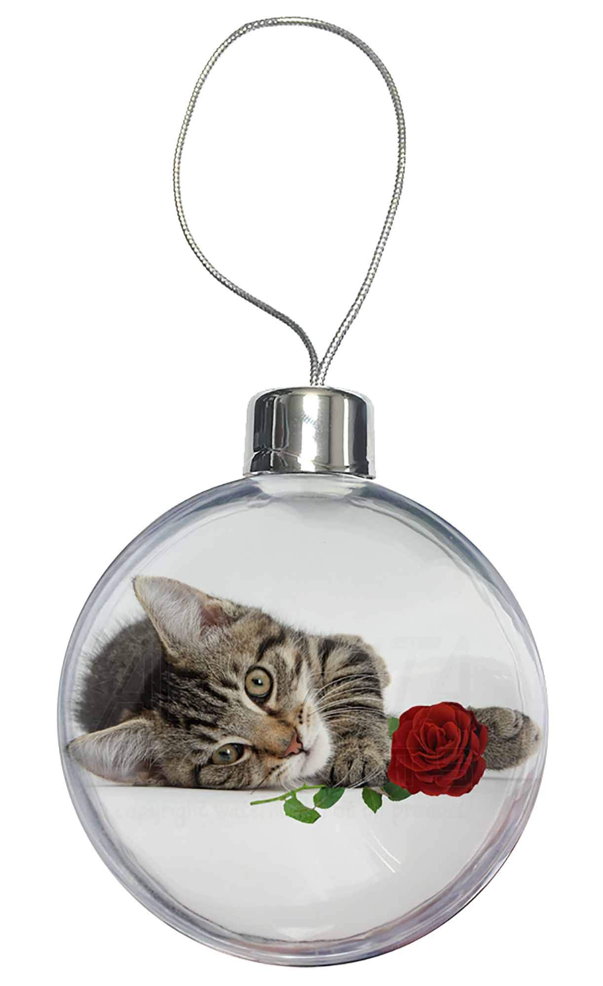 Tabby Kitten Cat with Red Rose Christmas Tree Bauble with full colour print as shown - Advanta Group®