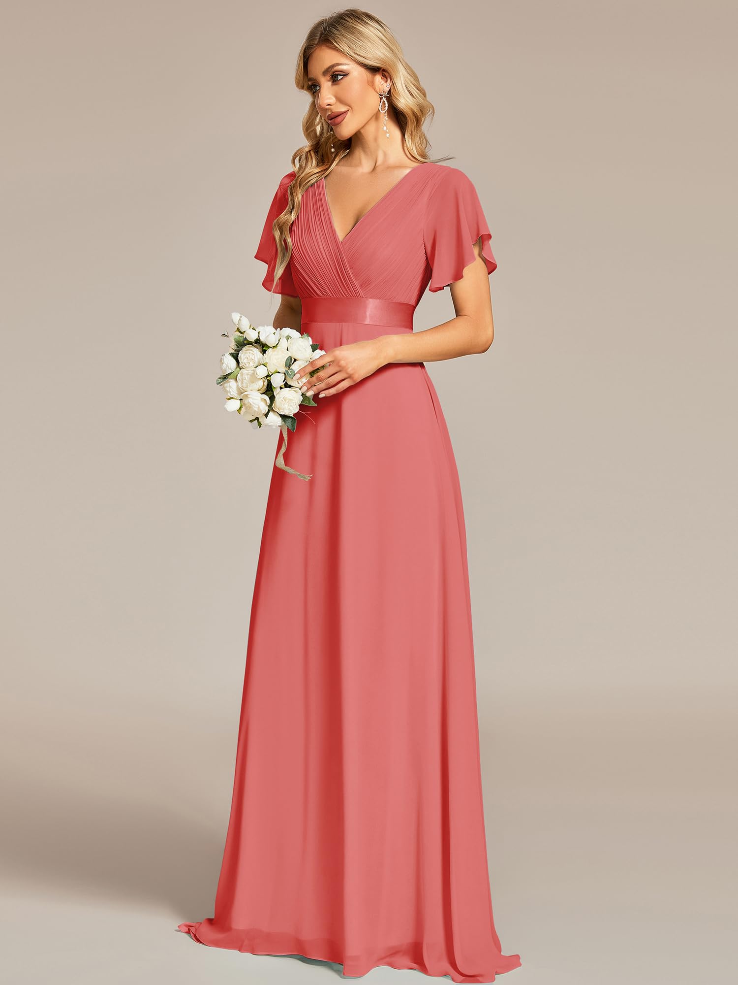 Ever-Pretty A-línea Vestido de Fiesta Cuello en V Manga Corta Gasa Corte Imperio para Mujer 09890
