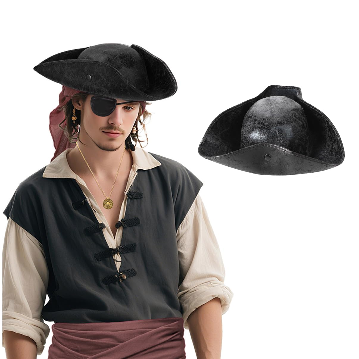 Pirate Hat Pirate Captain Role Play Outfit Accessory Tricorn Hat Leather Medieval Distressed Tricorn Colonial Cap Caribbean Costume Fancy Dress Halloween Carnival Cosplay Party Headwear Cavalier Cap