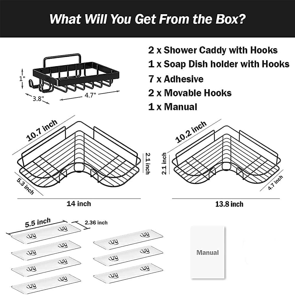 Corner Shower Caddy Shelf with Adhesive Hooks and Soap Dish,No Drilling RustProof Stainless Steel Shower Basket Shelves for Bathroom Storage Organizer