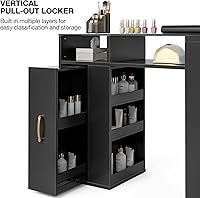 Vista 6 de Mesa de manicura en forma de L con estantes, estación de mesa de uñas con parte superior de cristal, resistente a acetona, con cajones