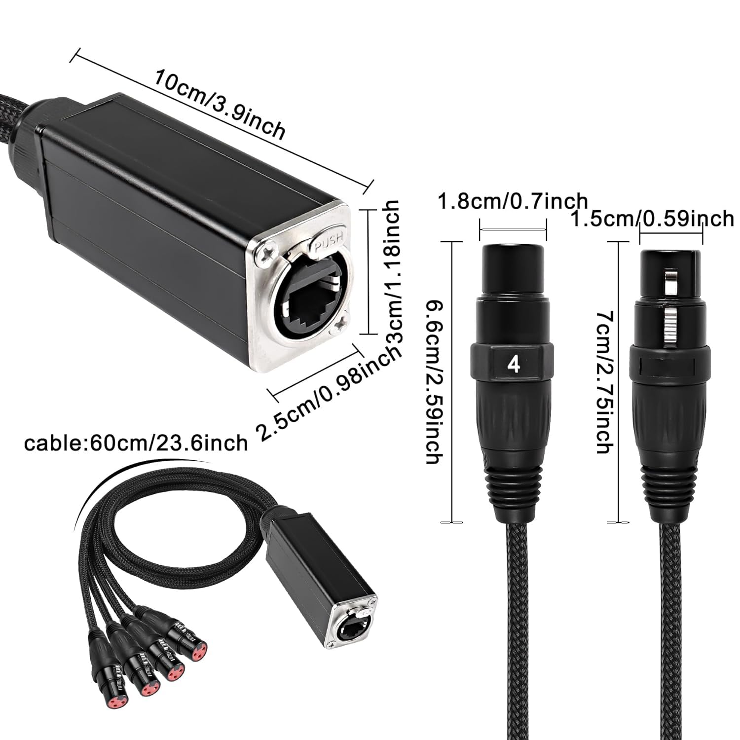 XMSJSIY Cavo audio a serpente a 4 canali a 3 pin XLR estensore multiplo ricevitore di rete a Ethercon per DMX512 XLR maschio/femmina a RJ45 tramite cavo intrecciato Cat5/6/6e stadio registrazione, 2