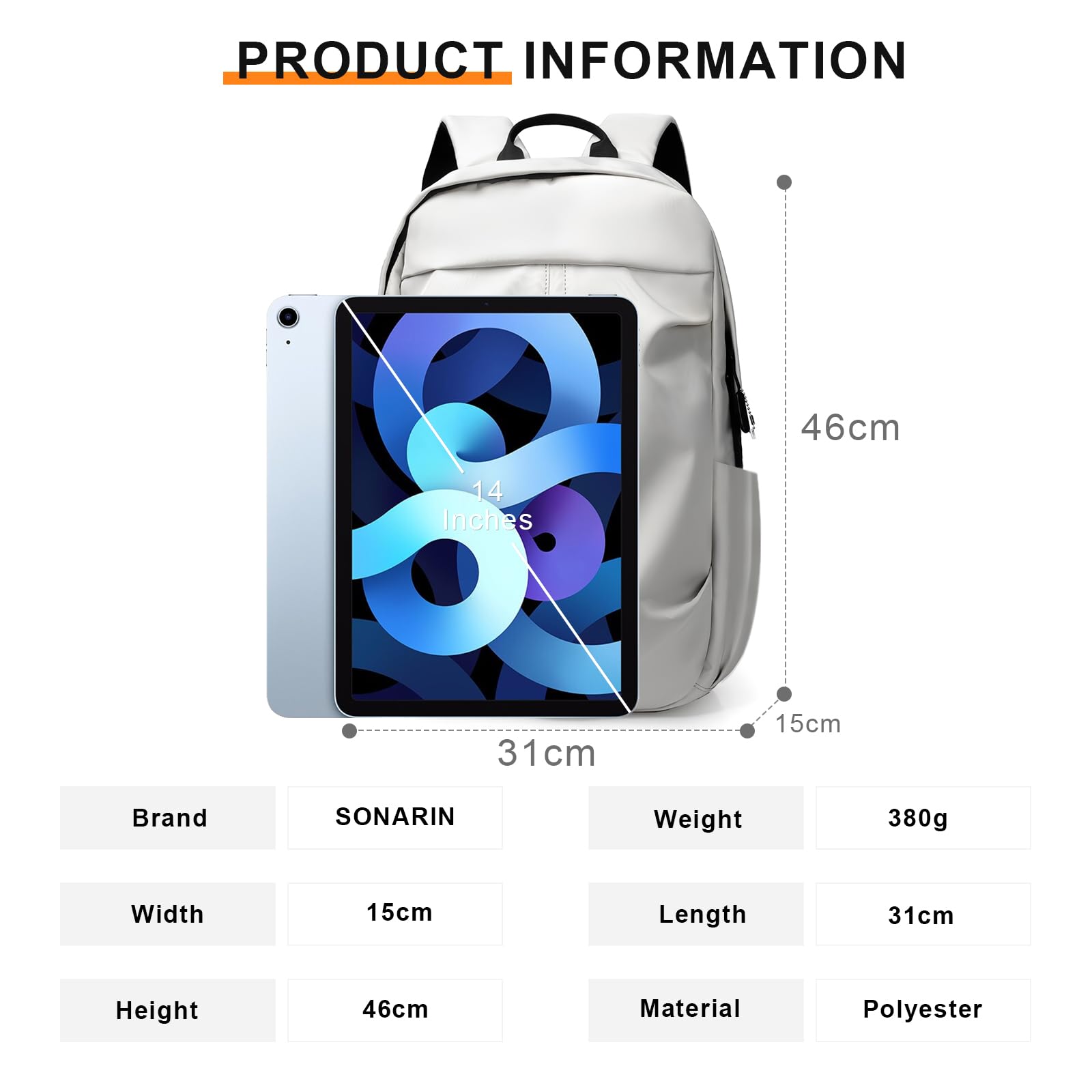SONARIN Mochila Casual Ligera,Impermeable Mochila Portatil 14 Pulgadas Mochila de Viaje Mochila Escolar Bolsa de Trabajo Universidad Antirrobo para Hombre Mujer