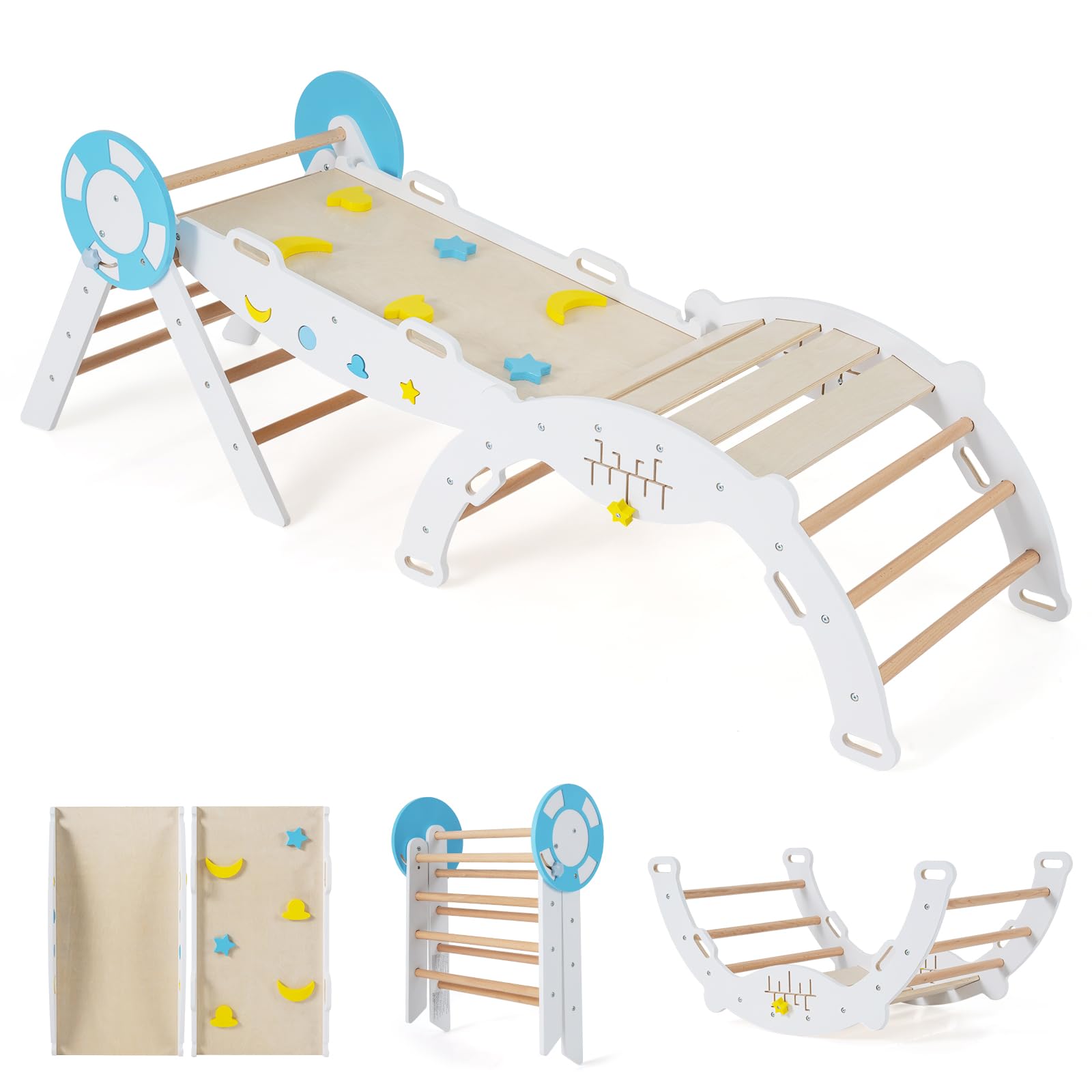 RELAX4LIFE Set da Arrampicata per Bambini, Triangolo di Arrampicata con Scivolo e Arco, Gioco di Incastri in Legno, Gioco Montessori per Bambini 1+ Anni (Marinaio-3 Pezzi | Bianco)