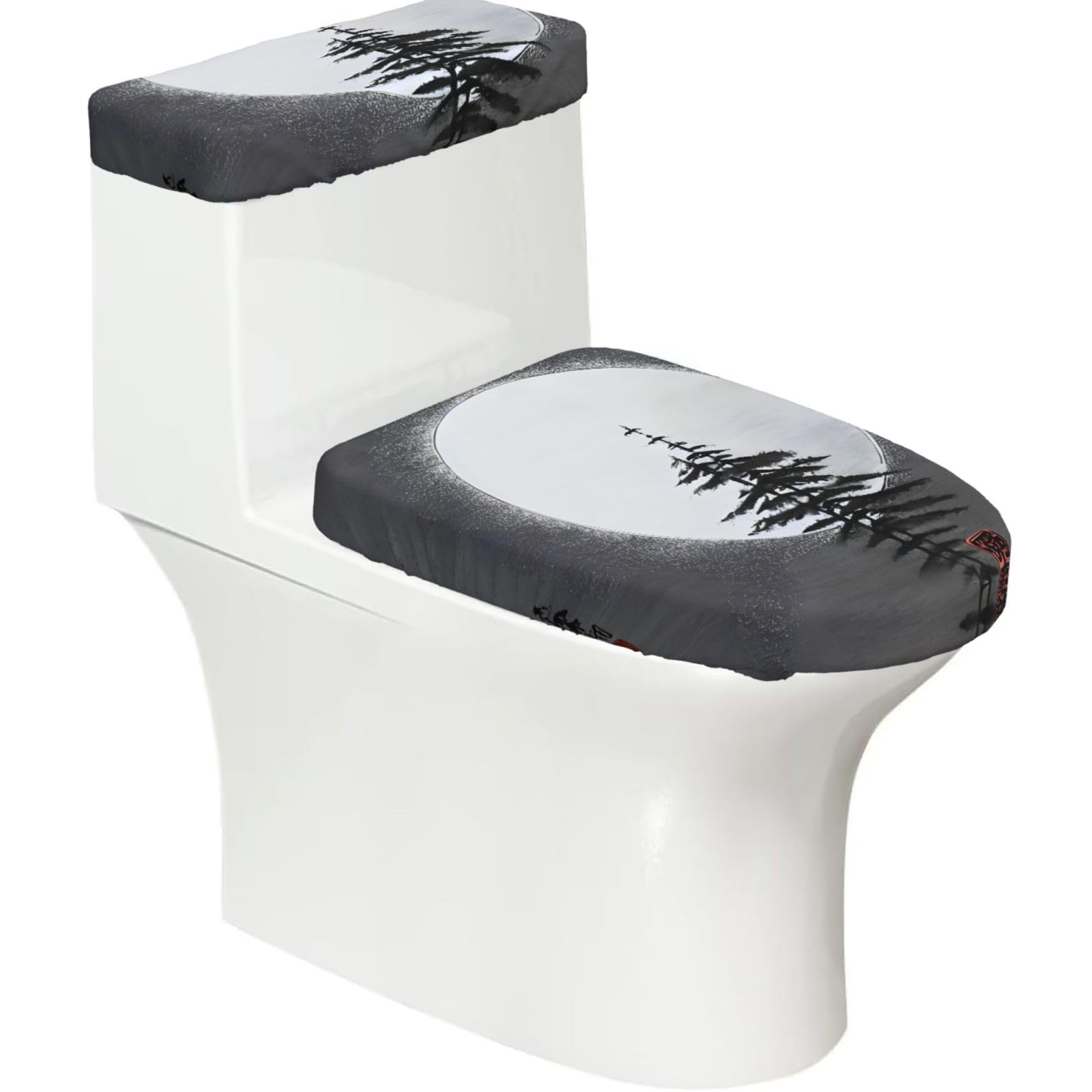 Cntdbu Black Moon Pine Tree Stretchy Toilet Lid And Tank Cover Set-Soft Elastic Bathroom Decor For U Shape Oval