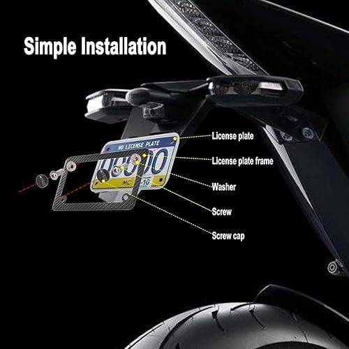 Miniatura 5 de Marco de matrícula de motocicleta de fibra de carbono, soporte de etiqueta de acero inoxidable con tornillos y tapas de tuercas, 1 paquete para