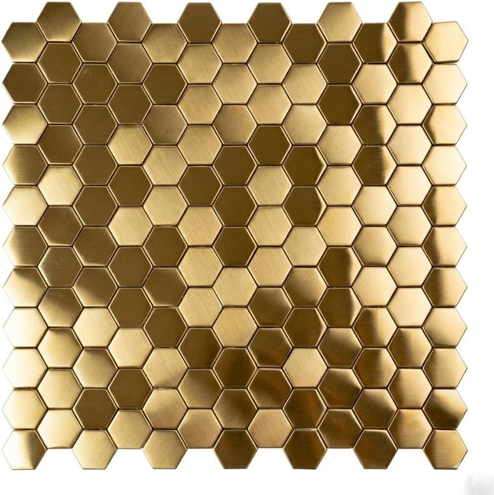 Hexagon Gold Stainless Steel Mosaic Wall Tile, Brused,Mesh Mounted,Groutless, Modern Design Metal Mosaic, Kitchen and Bathroom, 5 Pack