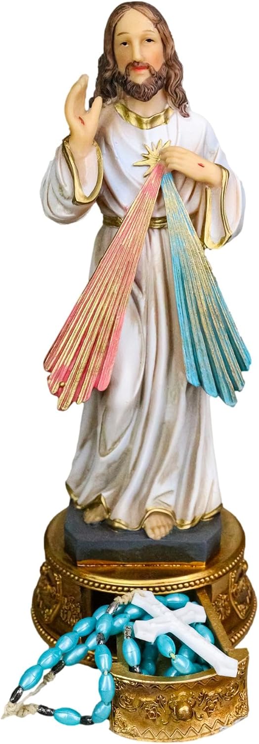Ebros Gift 9" H Catholic Christian Divine Mercy of Jesus Christ with Rosary Drawer Box Figurine Symbol of Blood & Water from His Holy Heart Atonement Forgiveness Love Altar Sculpture