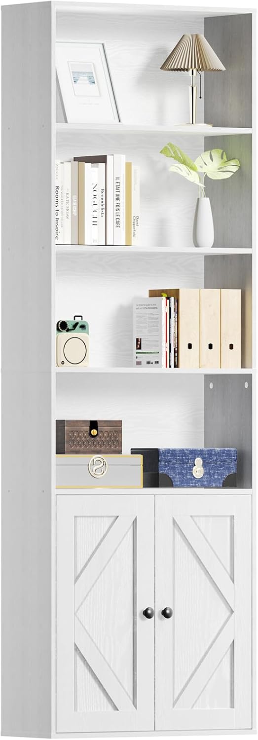 Tall Wooden Bookshelf with Cabinet and Doors,White Bookcase for Bedroom, Living Room, or Home Office Storage, 6 Shelves for Heavy Books & Organization