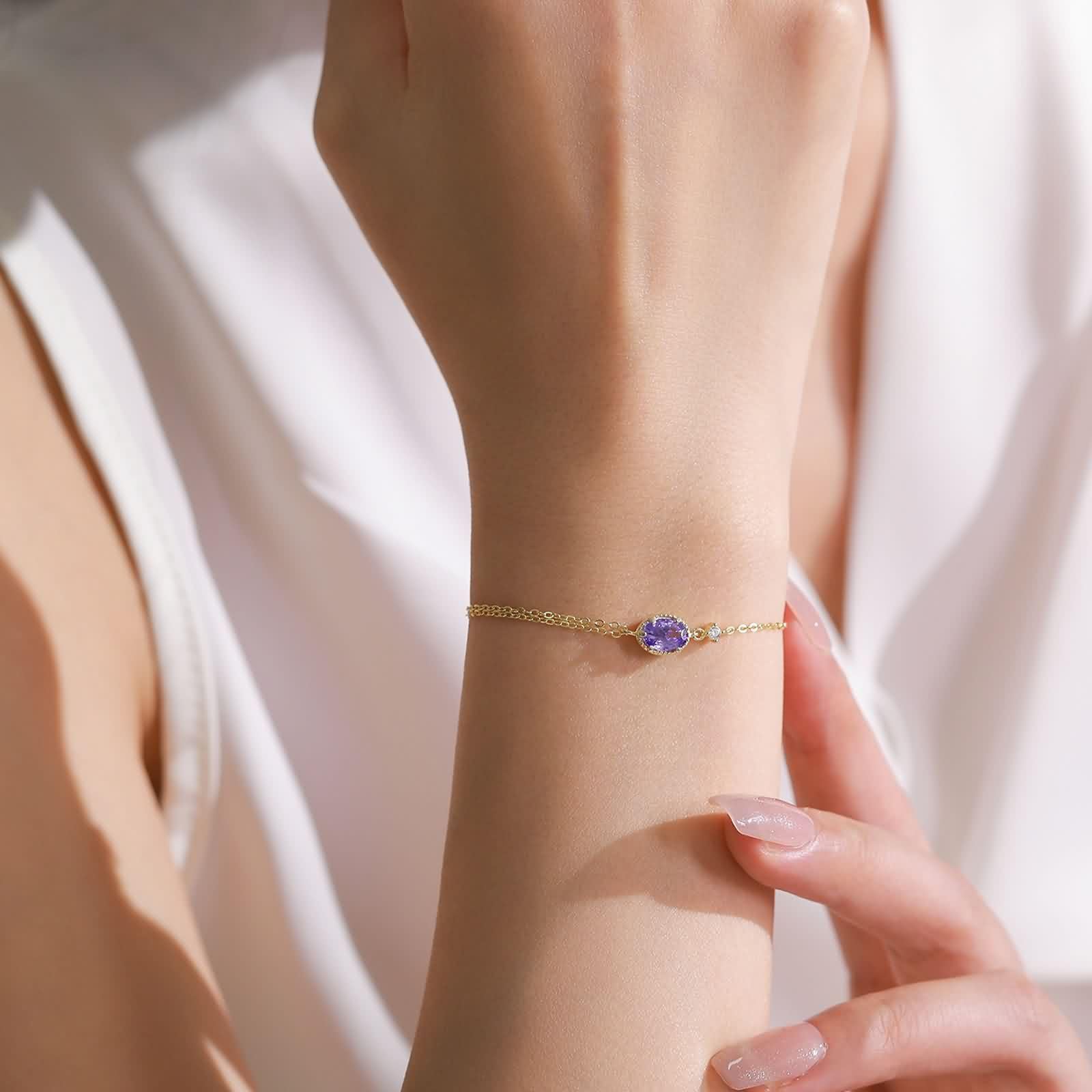 Pulseras para mujer de oro de 9 K/14 K/18 K, clásicas pulseras pequeñas con amatista lila, talla ovalada, joyas auténticas, brazaletes con diamantes de oro amarillo Au 375/585/750