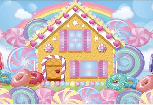 Miniatura 1 de AWERT Fondo de piruleta de 7 x 5 pies, diseño de caramelos, galletas, cabaña, donas coloridas, helados, caricaturas, arco iris, suministros de