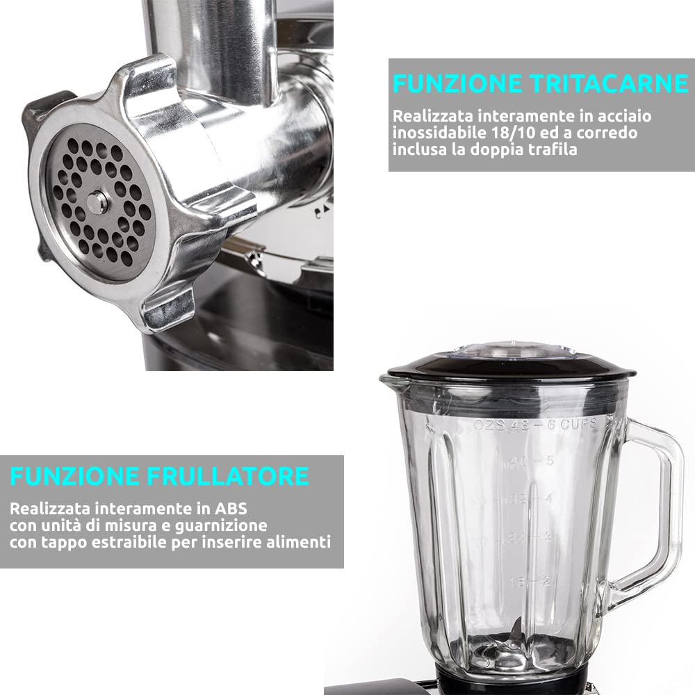 AMC Robot Da Cucina 3 In 1: Impastatrice Planetaria, Frullatore E Tritatutto Extra Potente Da 2120W - Nero - Foto 11