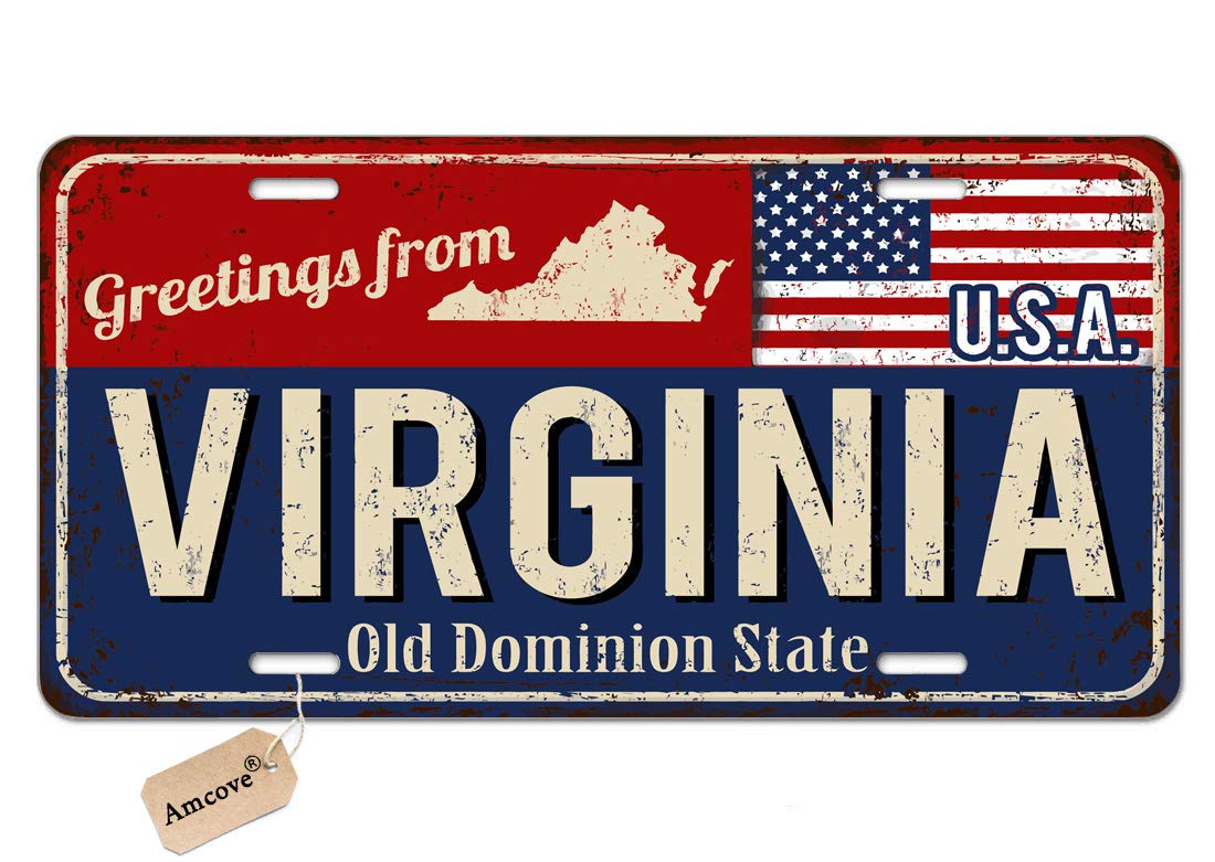 Amcove License Plate Greetings from Virginia Vintage Rusty Metal Sign with American Flag Antique Auto Tag 6x12 Aluminum Vintage Sign - Aluminum License Plate, Front License Plate, Vanity Tag
