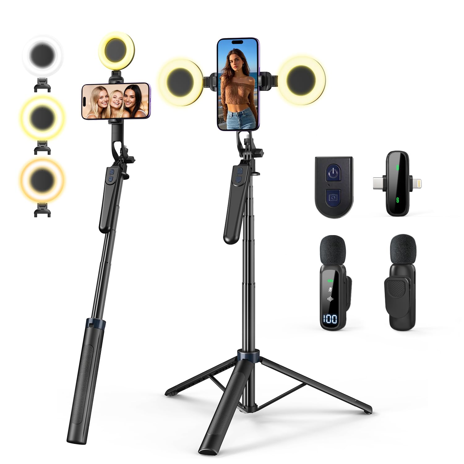 yAyusi Kit Vlogging per iPhone/Android, Bastone per Selfie con Treppiede da 180 cm, con Luce di Riempimento, Telecomando e Microfono, Kit Essenziale per Creatori di TikTok/YouTube/Contenuti
