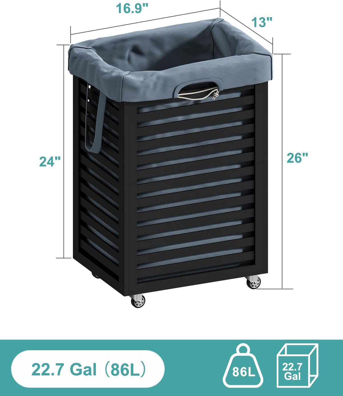 Black Laundry Hamper, Laundry Hamper with Wheels, 22.7 Gallon (86L) Bamboo Wood Clothes Laundry Basket with Handles, Removable Liner