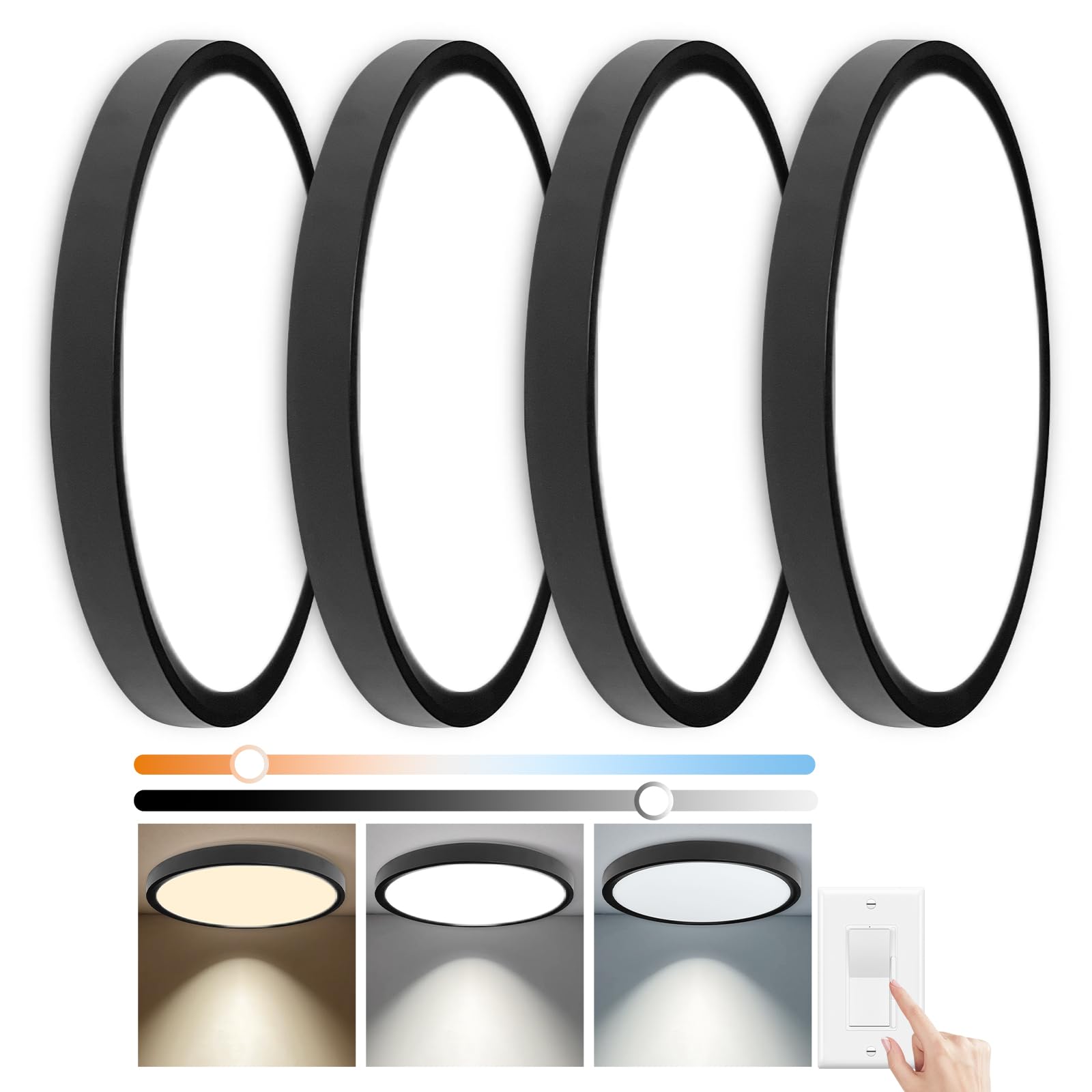 Dimmable 15.7 Inch LED Flush Mount Ceiling Light, 30W 3200LM, 3000K/4000K/5000K CCT Selectable Led Ceiling Light Flat Light, Dimmable from 5% to 100% for Bedroom, Hallway, Play Room,Black 4PK