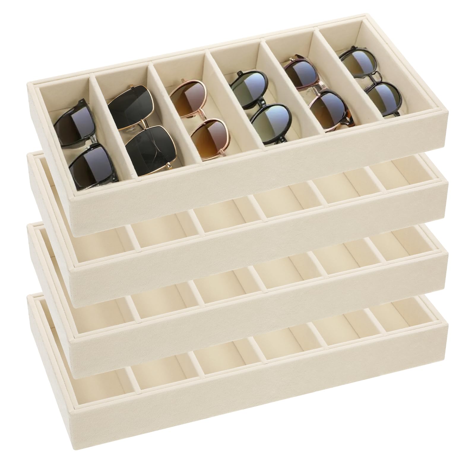 JJUNW 4 vassoi organizer in velluto per occhiali da sole, 6 griglie beige | Organizer per occhiali da sole, vassoio in velluto, impilabile, per esposizione di gioielli, occhiali, orologi