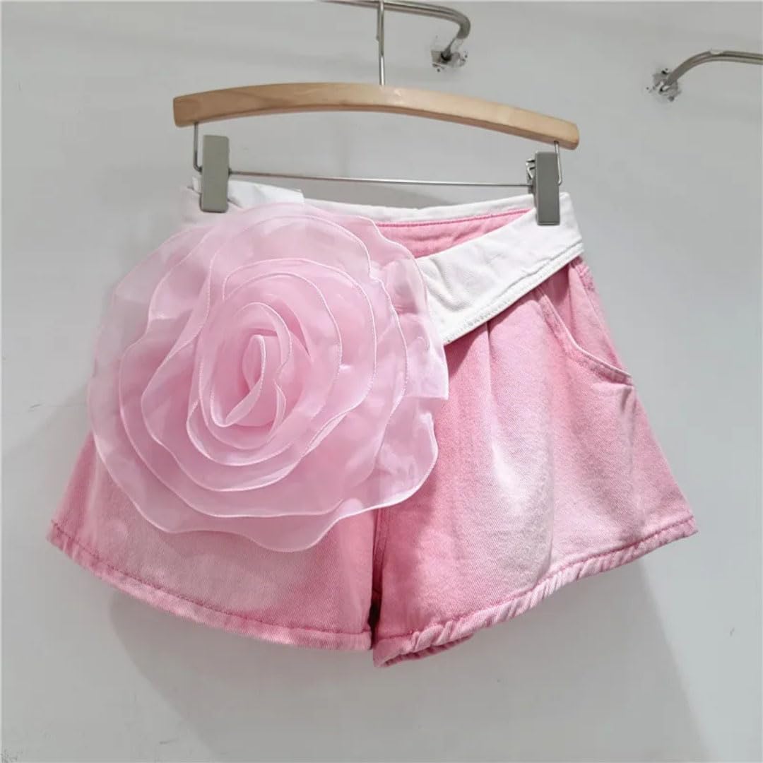 Women's Spliced Mesh Flower Revers High Waist Denim Shorts Solid Short Pants