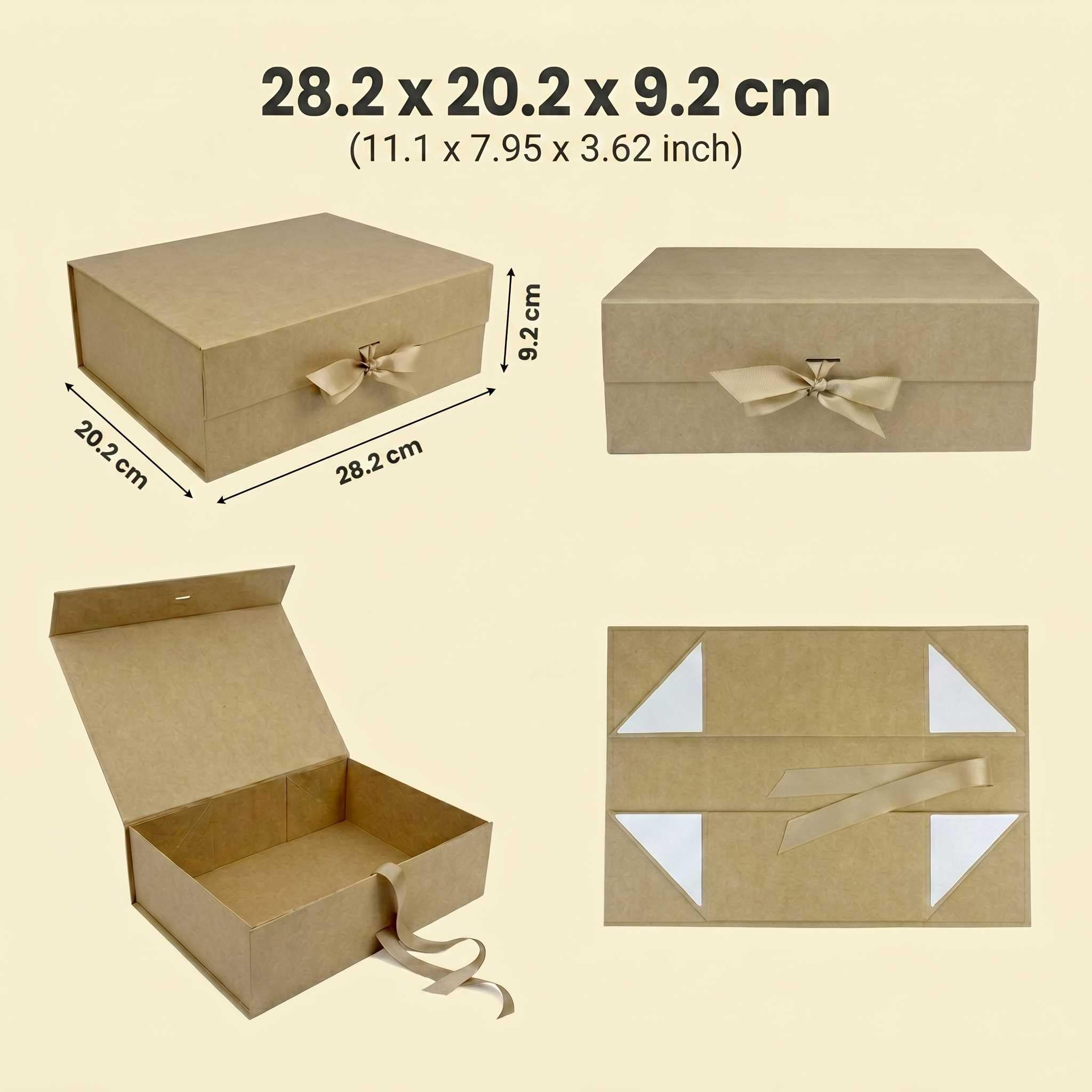 Emartbuy Lot de 5 boîtes cadeaux magnétiques en papier kraft avec ruban – 28,2 x 20,2 x 9,2 cm – Convient aux tasses, ensembles de beauté et petits paniers – Anniversaires, mariages, Noël, cadeaux