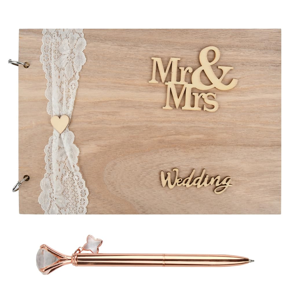 Libro de Visitas de Boda BOPHIS Libros de Firmas para Bodas Retro de Madera con Bolígrafo, Libro de Visitas Kraft, Libro de Recuerdos de Boda para Invitado de Boda, Aniversario, Compromiso de Fiesta