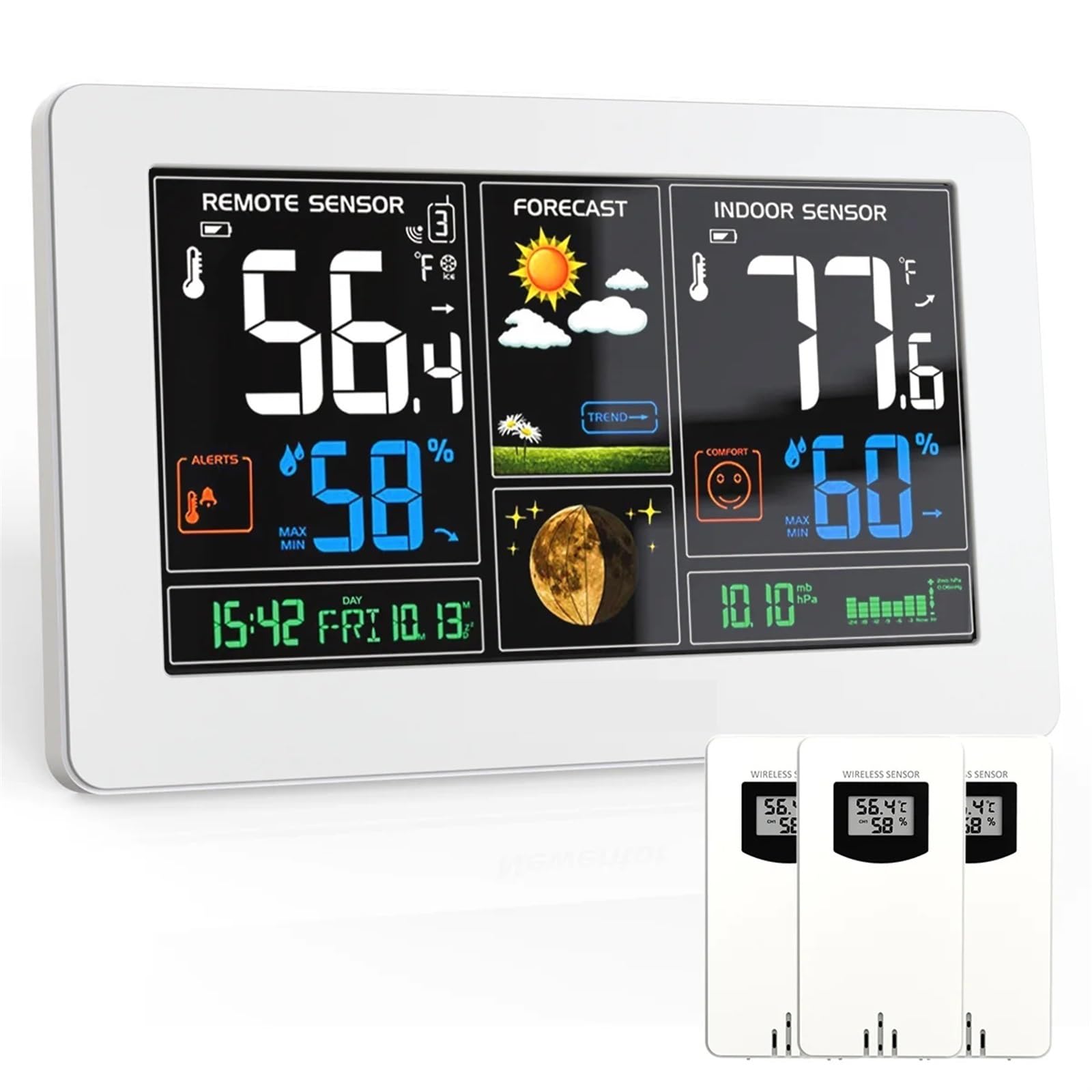 Stacja pogodowa, Bezprzewodowa wewnętrzna stacja pogodowa Termometr cyfrowy Higrometr Budzik stołowy Czujnik temperatury i wilgotności Prognoza pogody do domu(White with 3 Sensor)