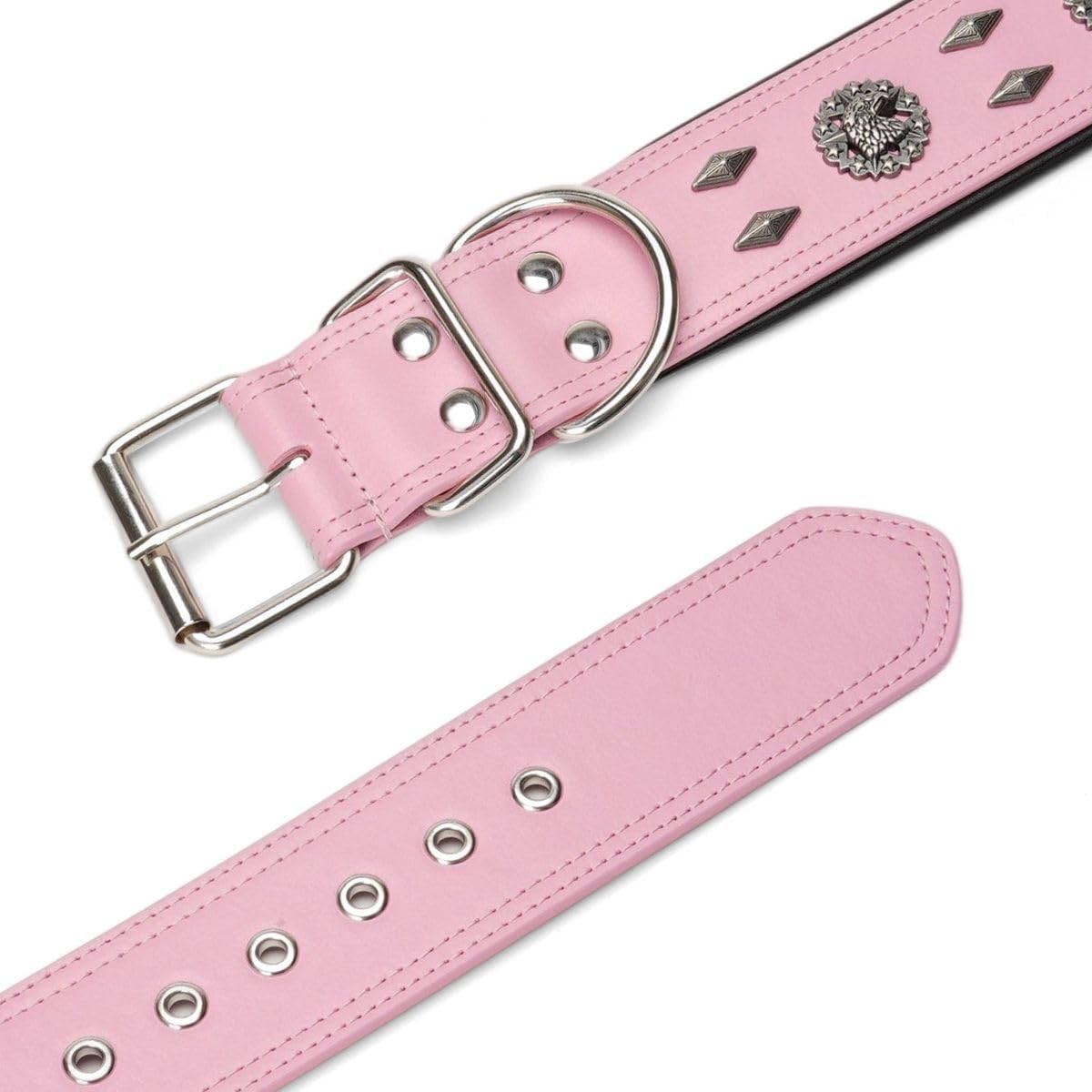 Premium Leather Dog Collar for Large Dogs - 2-Inch Wide Adjustable Soft Handmade Heavy Duty Collar for Giant Breeds, Durable & Comfortable - Pink