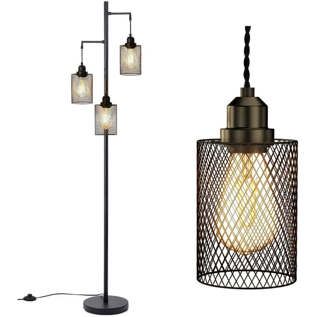 Lampadaire Industriel BBHome - Design Arbre De Ferme Avec 3 Têtes Cage Réglables - Style Rustique Pour Salon, Chambre, Bureau - Noir