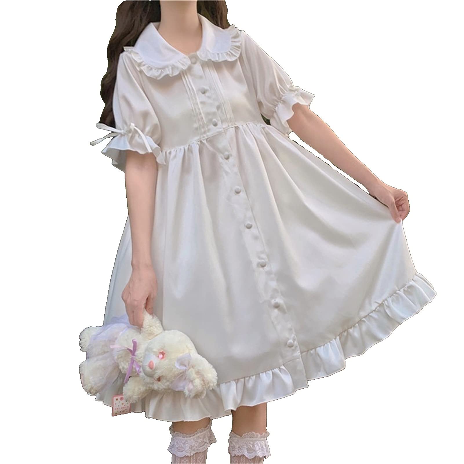 Esdlajks Lolita Gothic Dress - Kawaii Japanese Sweet Girl Dress With Retro Peter Pan Collar & Puff Sleeves - Adult One Size (White)