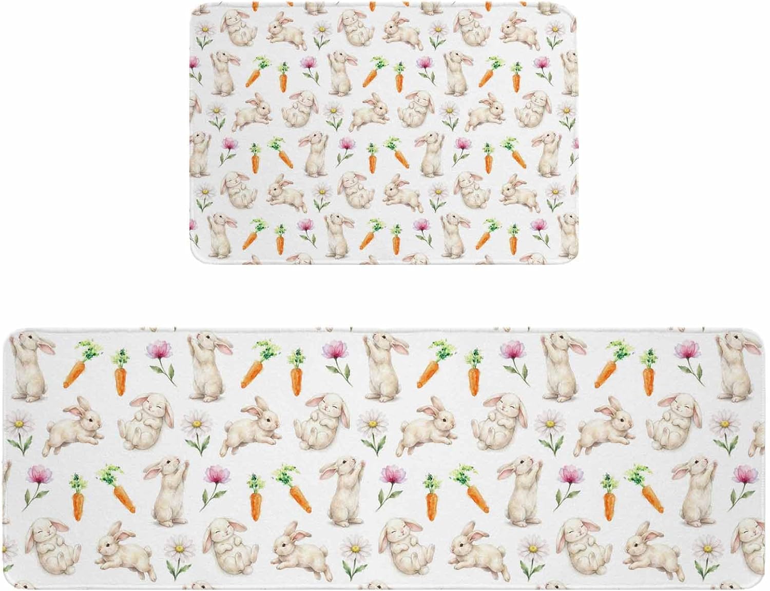 Easter Bunny Kitchen Rugs and Mats Set of 2, Non-Slip Kitchen Sink Mat, Watercolor Rabbits Spring Modern Washable Doormat Bathroom Rugs Runner for Bedroom/Living Room 15.7"x23.6"+15.7"x47.2"