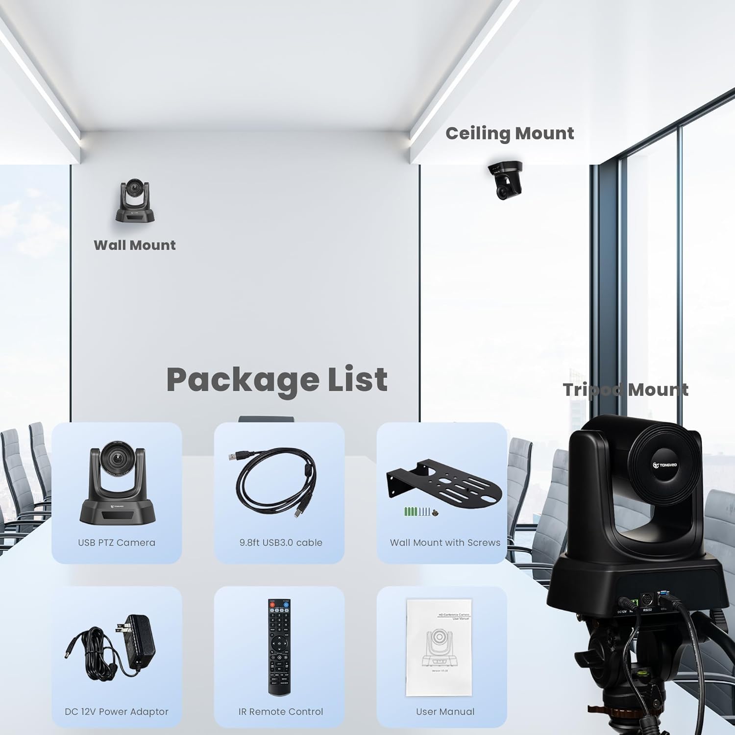 TONGVEO Conference Room PTZ Camera System | 1080P 60fps with 3X