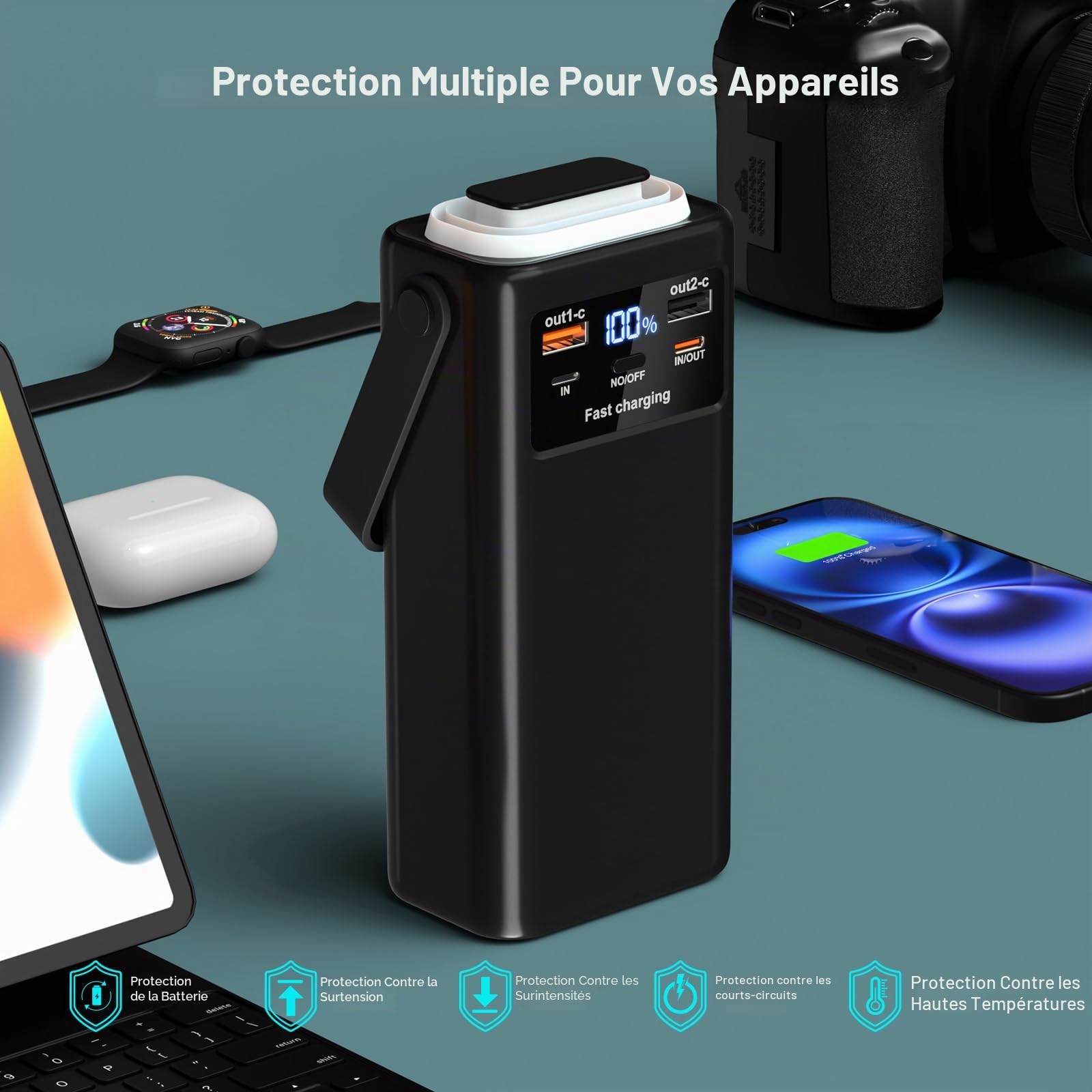 60000mAh Batterie Externe Power Bank PD45W Charge Rapide Chargeur Externe avec 4 Câble Intégré 7 Sorties,USB C Grosse Batterie Portable avec Lampe de Poche & Affichage LED pour Smartphones Camping