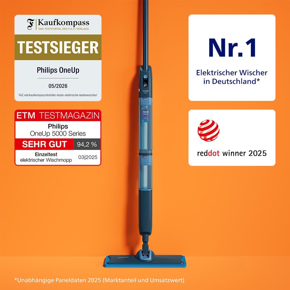 Philips OneUp 5000 Serie Elektrischer Wischmopp - 2X sauberere Böden², 2X schnelleres Wischen, Zwei Feuchtigkeitseinstellungen für Harte & empfindliche Böden, Kabellos mit 360° Drehgelenk (XV5113/01)