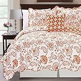 Home Soft Things Paisley Flower Printed Microfiber Quilt King 102' x 90' 4 Piece Orange White Bedding Set with Matching Shams Pillows, Soft Lightweight Reversible Bedspread Coverlet Comforter