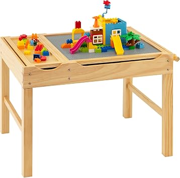 GLACER 2-in-1 Kids Activity Table, Wooden Children Activity Table with Reversible Tabletop, Storage Compartments, Side Bar, Paper Roll, Building Block Desk for Playing, Drawing, EatingNatural