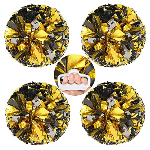 AUHOKY 4 Packs Metallic Cheerleading Cheer Pom Poms, Fluffy Cheerleader Pompoms with Finger-Friendly Ring, Cheering Pom poms for Squad Team Sports Game Dance Dress Party Kids Adults(Black/Gold)