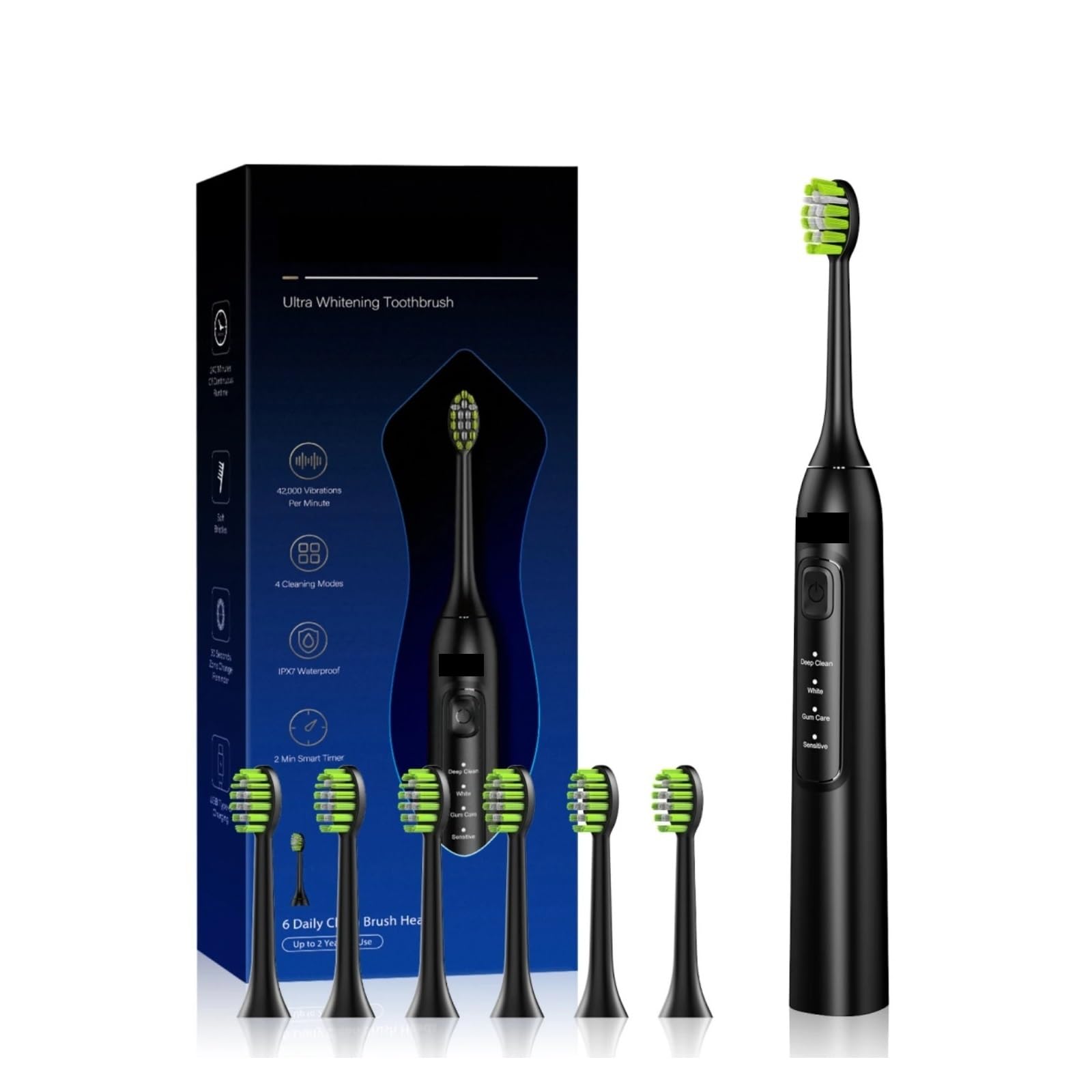 Adecuado para blanquear el cepillo de dientes eléctrico - 4 modos, temporizador inteligente, recargable tipo C, ultra potente con 6 cabezales de repuesto (JK-Y05BK)
