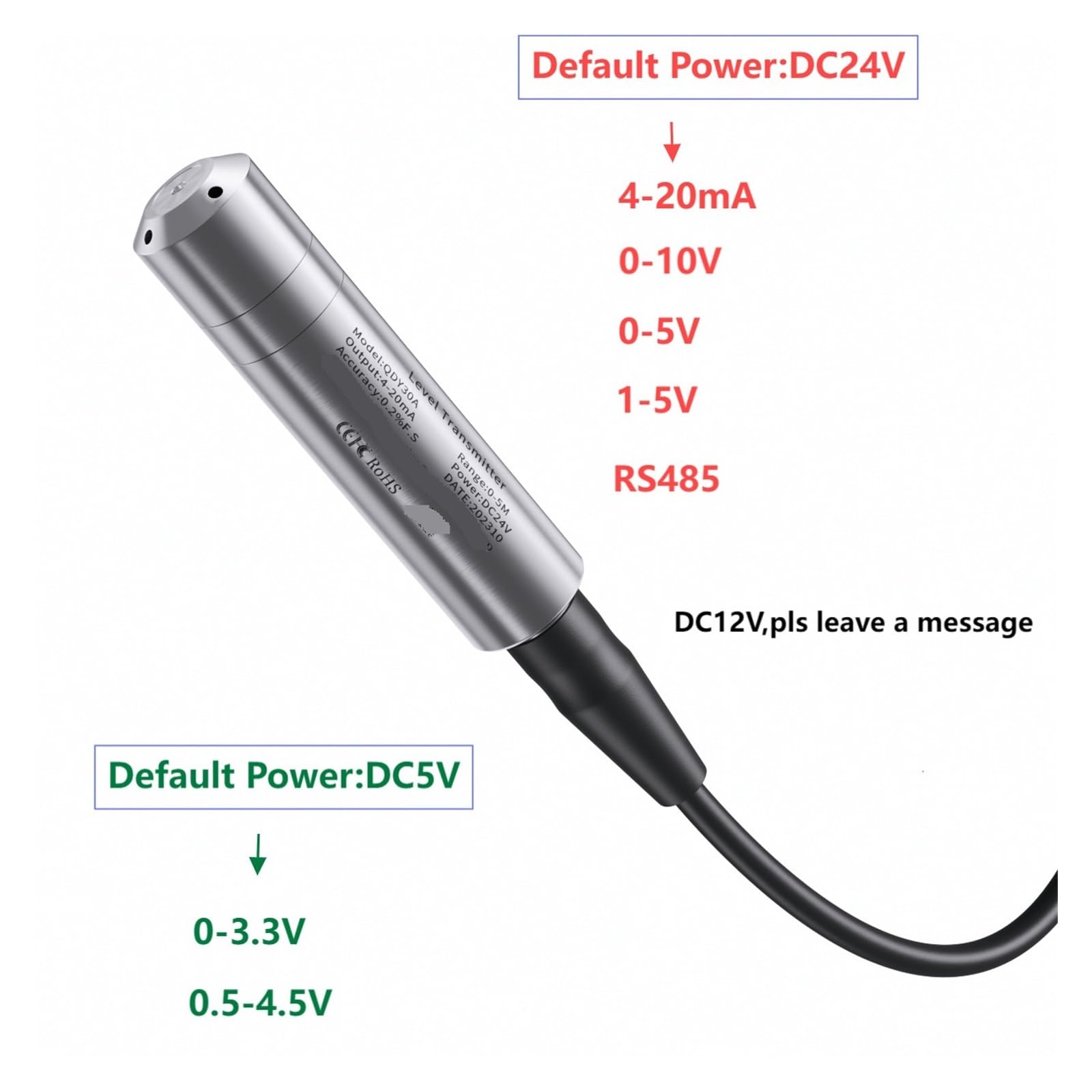 Transmisor de nivel de líquido hidrostático, 1 ud.(4-20mA output,3 meters Range 5m Cable)