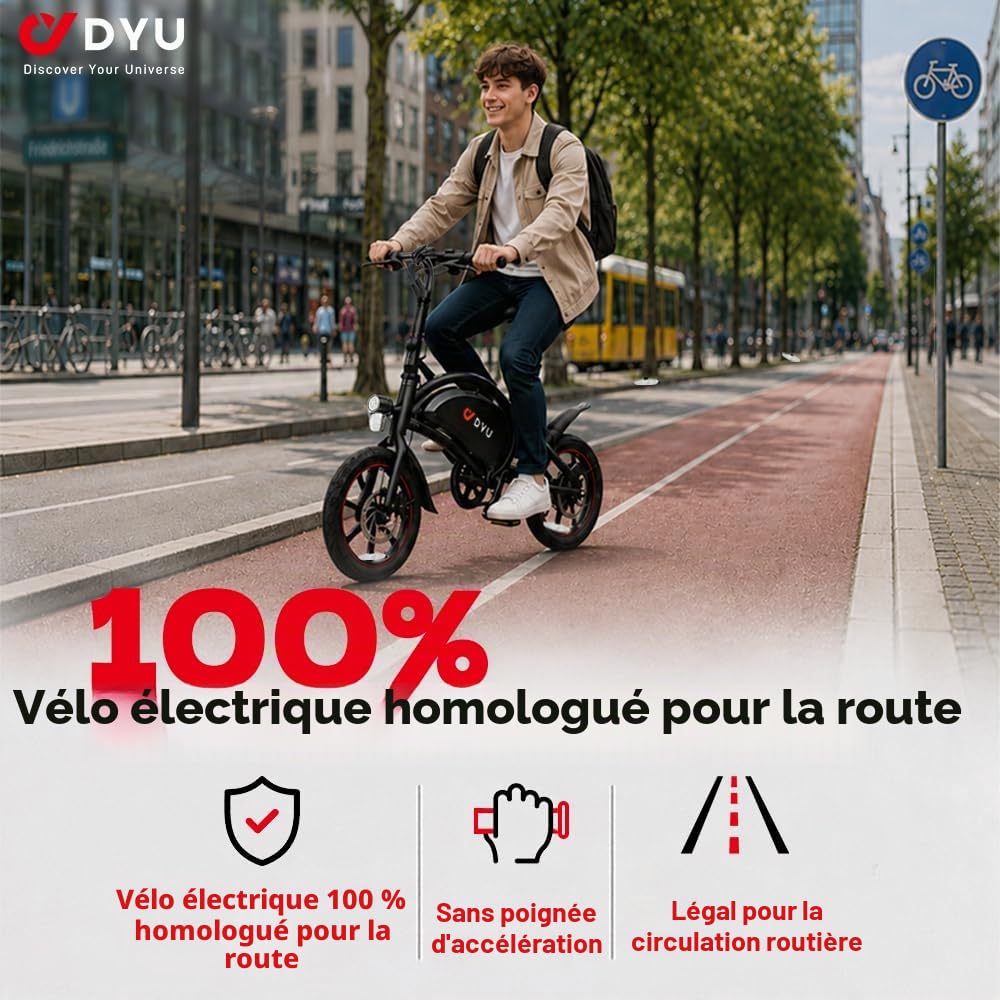 DYU D3S Vélo électrique Pliant 14" - Vitesse maximale de 25 km/h, portée de 40 km, Freins à Disque - Pliable - pour Adolescents et Adultes - Noir