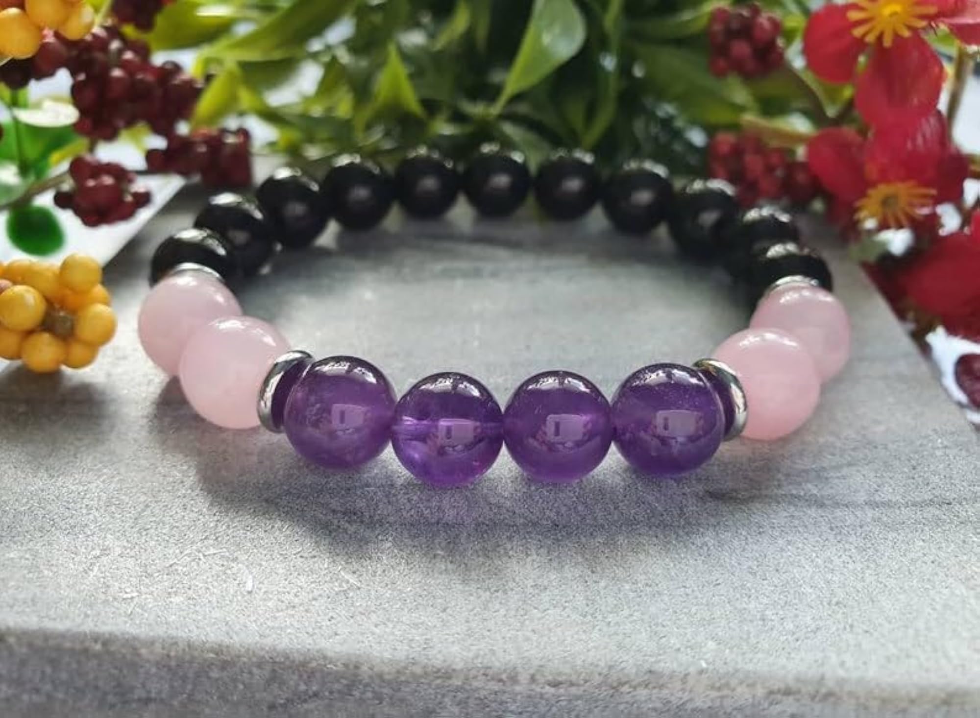 Unisex Natural Black Tourmaline, Rose Quartz & Amethyst 10mm Beads Bracelet