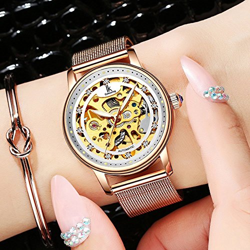 Image of Gosasa Luxury Women Automatic Mechanical Watch Gold Stainless Steel Mesh Watch Band Dress Wrist Watch