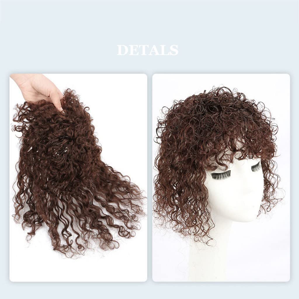 Full Head Top Wear Toupee For Women One Piece Clip in Human Hair Curly Topper With Curl Bangs 15x15cm Wiglet (25cm Brown)