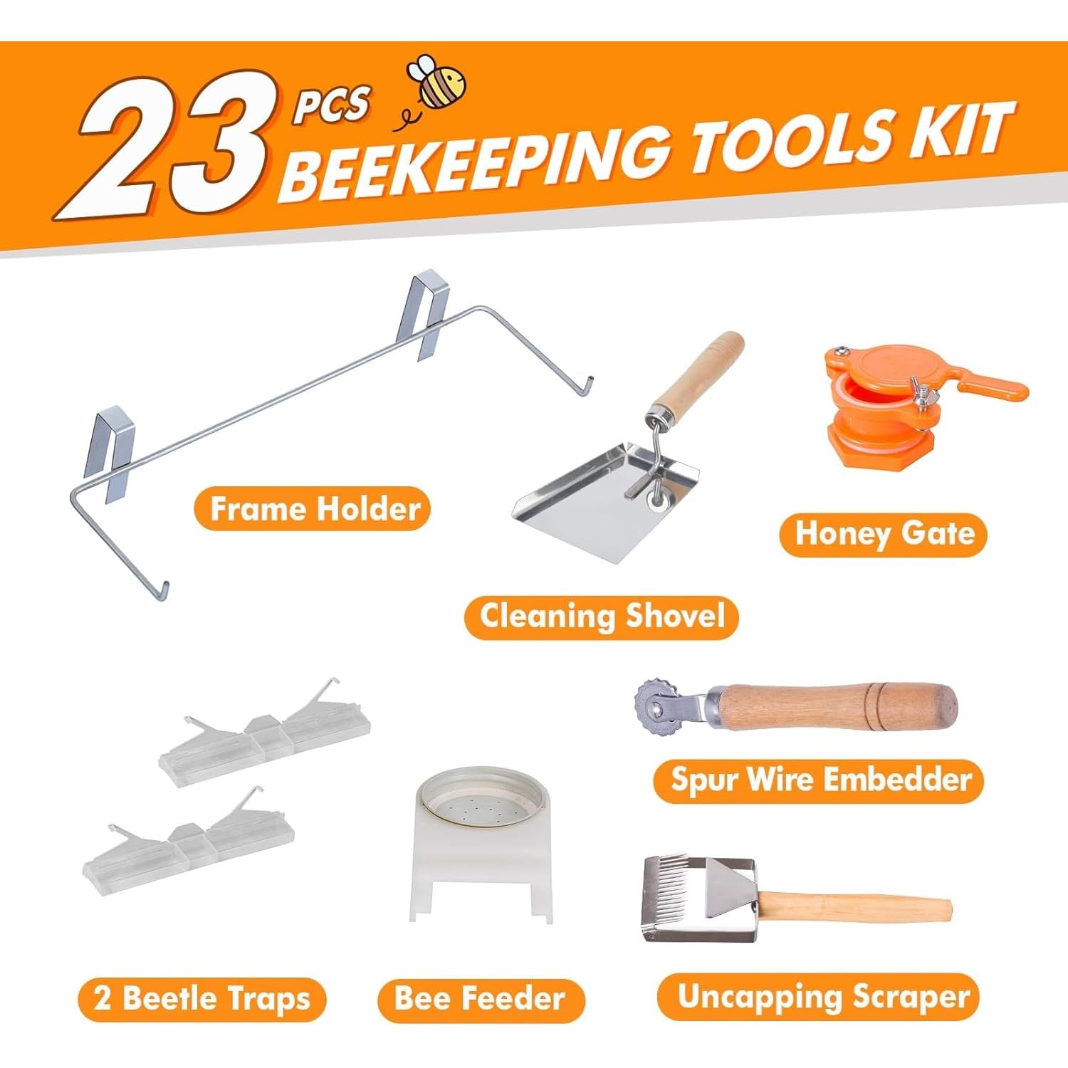 Kit per apicoltura da 23 pezzi, con custodia, affumicatore, raschietto, rete filtrante e strumenti per apicoltori