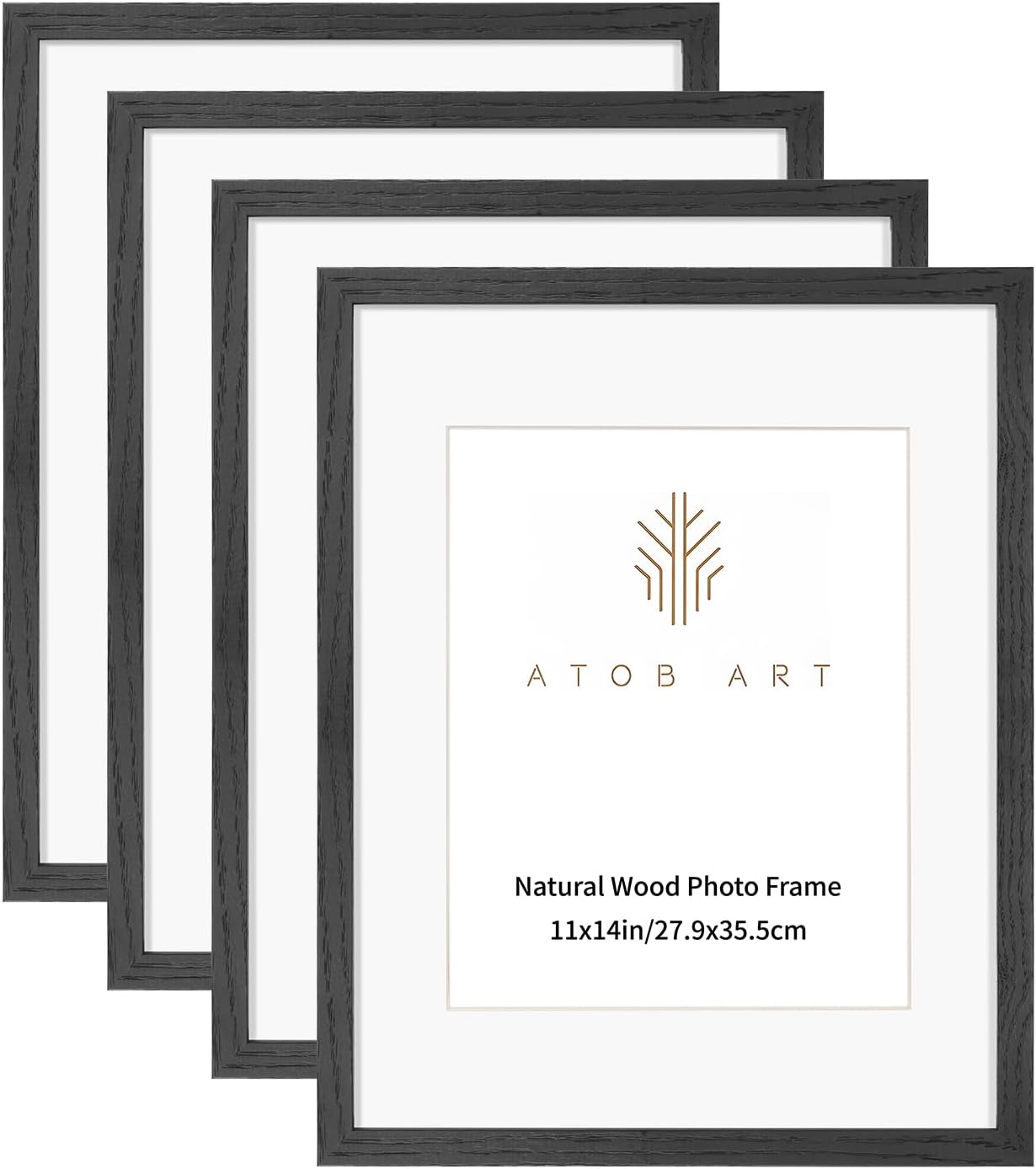 ATOBART 11x14 Picture Frame 4 Pack, Textured Natural Wood with 0.78 Inch Thick Frame, HD Tempered Glass, Wall Display