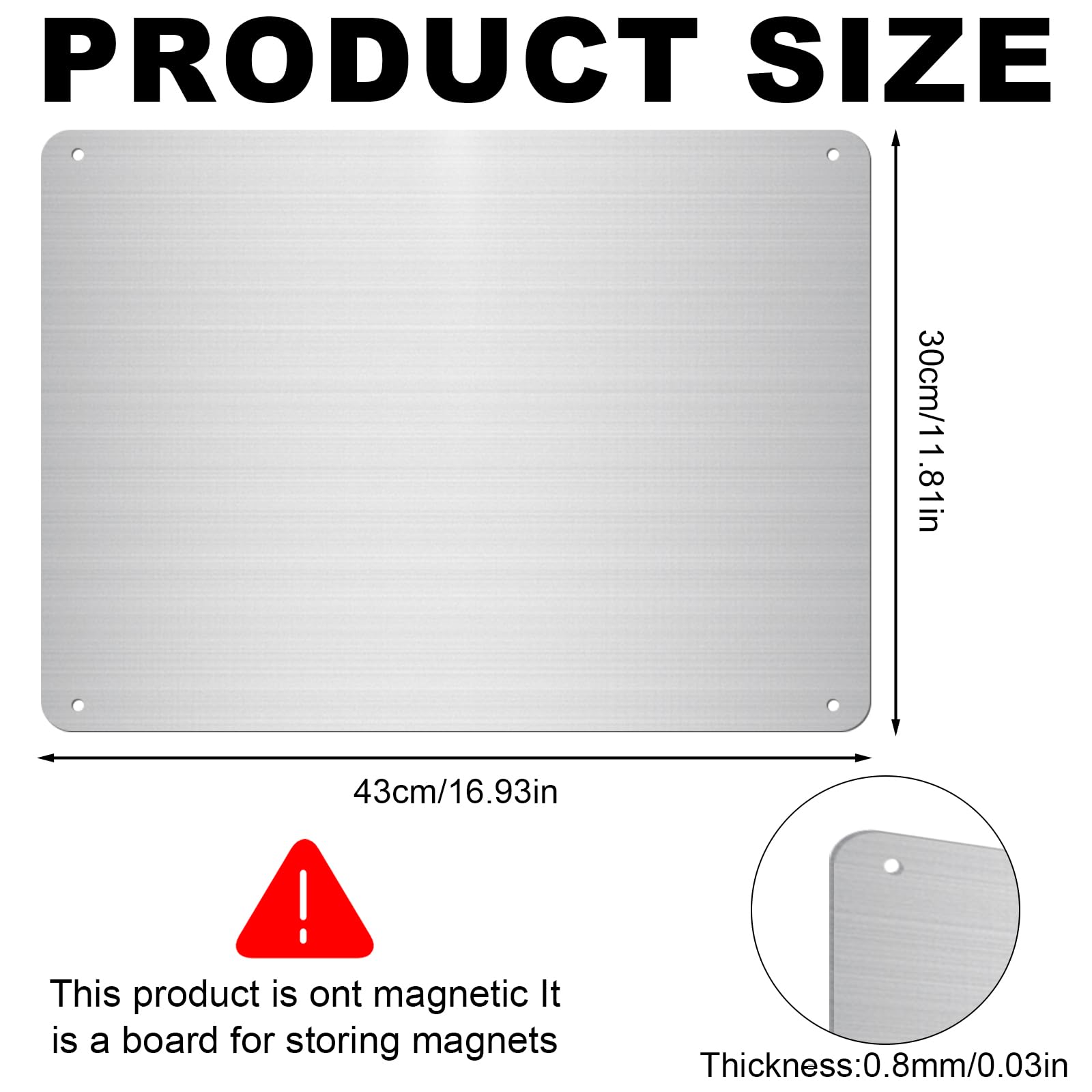 Tableau Magnétique Mural 0,8 mm, Plaque Aimantee pour Magnets, 43 x 30 cm Ultra Mince Acier inoxydable Tableau pour Magnet Plaque Magnétique A3, Pour enfant, appartement, bureau, cuisine (Argenté)