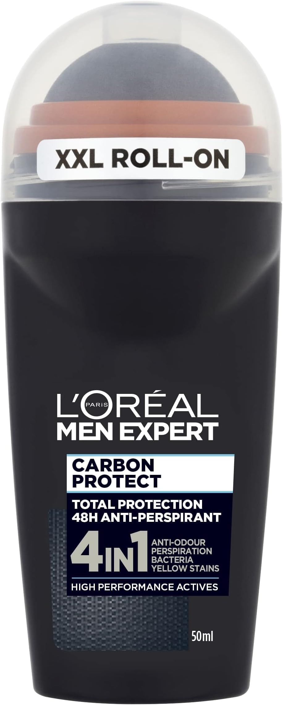 L'Oréal Men Expert Carbon Protect Deodorant Roll-On, 48-Hour High-Performance Anti-Perspirant, 4-in-1 Action with Absorbing Charcoal Powder, No Sticky Residue, Dermatologically Tested