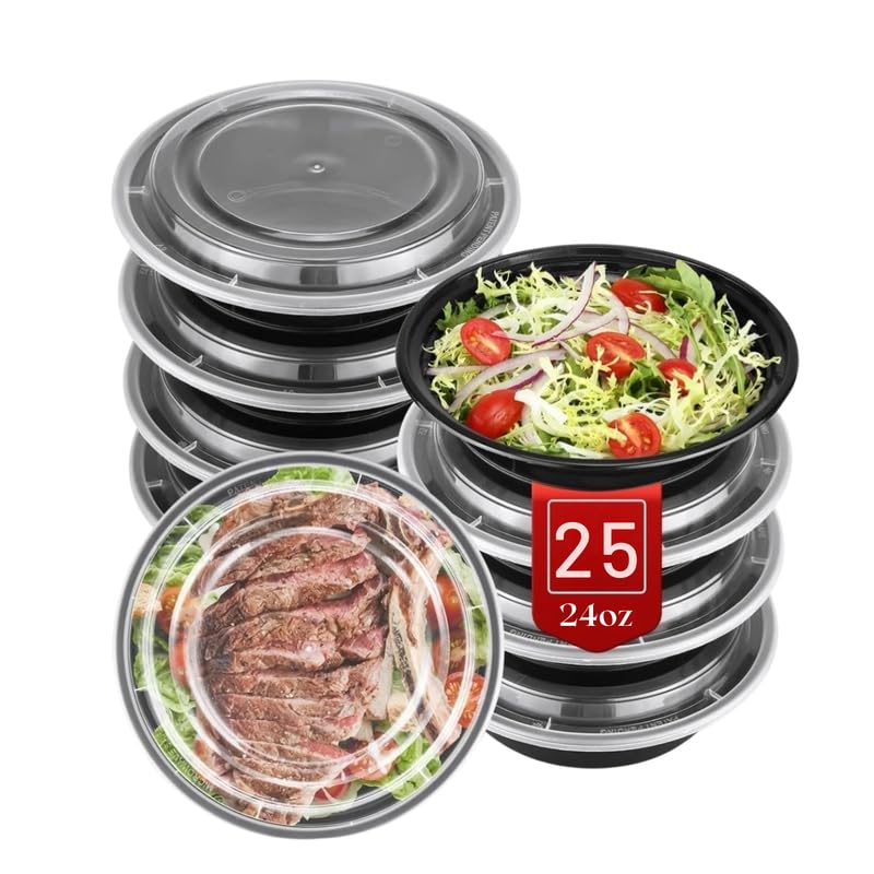 25 Pack 24oz (710ml) Round Reusable Meal Prep Containers - BPA-Free, Leak-Proof, Microwave & Dishwasher Safe Bento Boxes with Lids – Ideal for Lunch, Dinner, Portion Control, and Food Storage