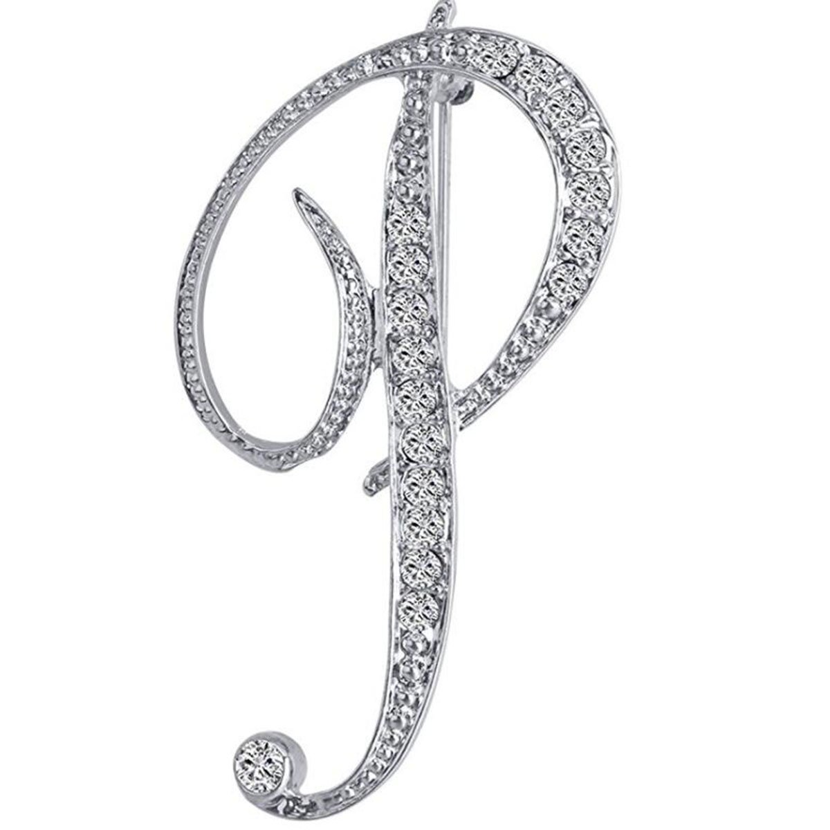 Vivilly Silver Plated Crystal Script Initial 26 Letter Brooch pin (P)