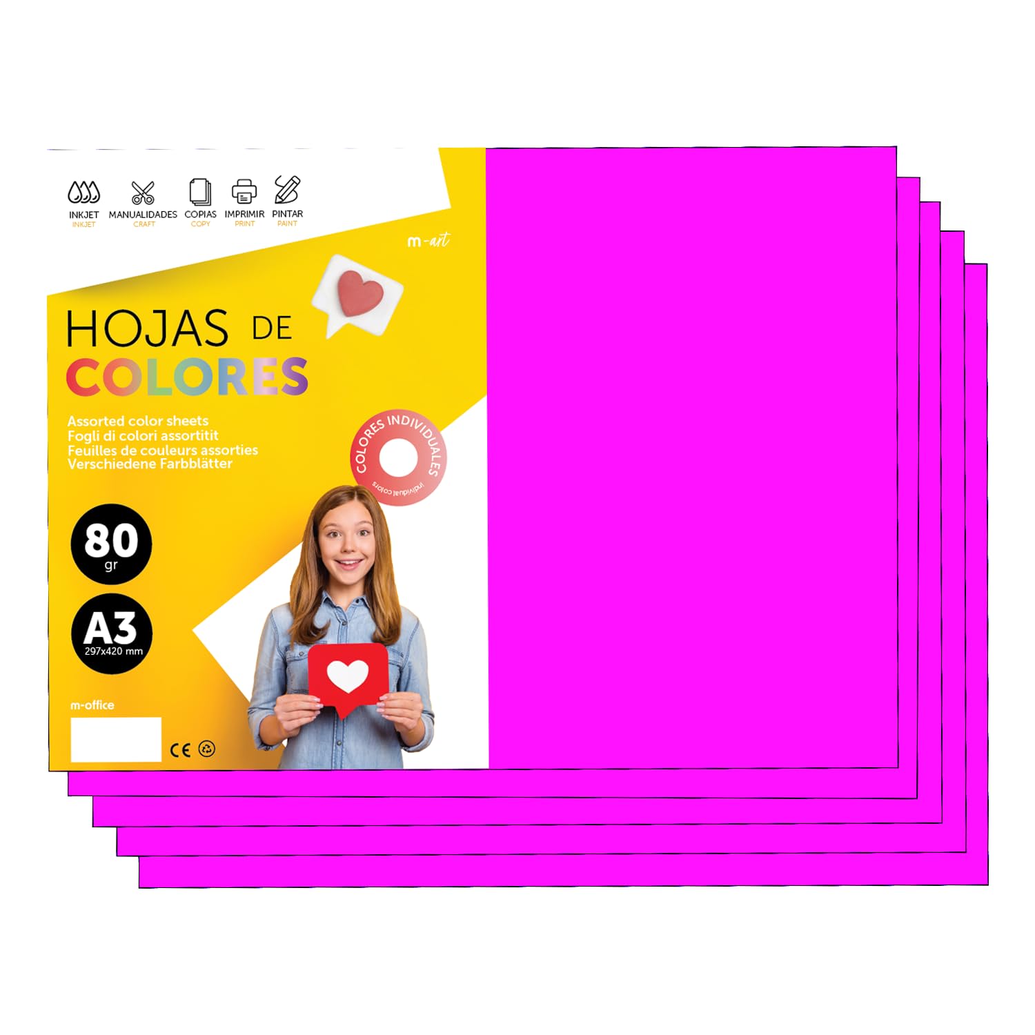 A3 Color Paper - 80g A3 Sheets for Inkjet and Laser Printers, Ream Paper for Crafts, DIY and Decoration m-Office (100 Sheets, Neon Pink) โ image 1