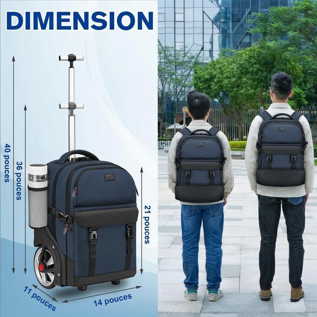 Image showing the MATEIN rolling backpack with its handle extended, illustrating its dimensions and how it can be worn as a backpack.